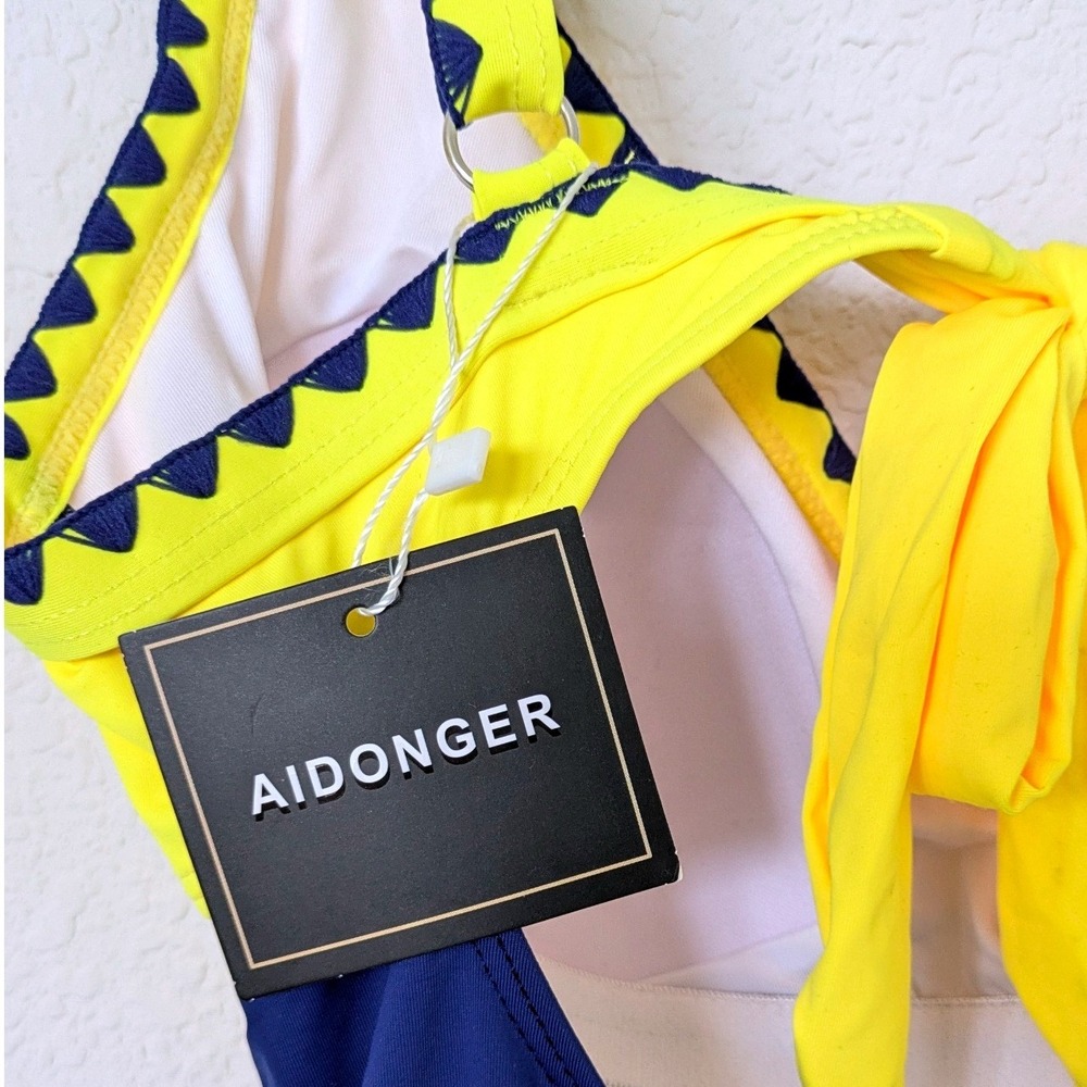 Aidonger Colorblock One Piece‎ Swimsuit Women S Yellow Navy Ruched Ric Rac Trim - Picture 2 of 8